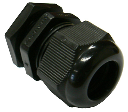 Black UV stabilised nylon PA66 cable gland, M25 thread, IP68 rated – 11-17mm suits RG213/RG214/RU400